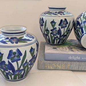 Vintage Chinoiserie Vases | Blue and White Iris | three